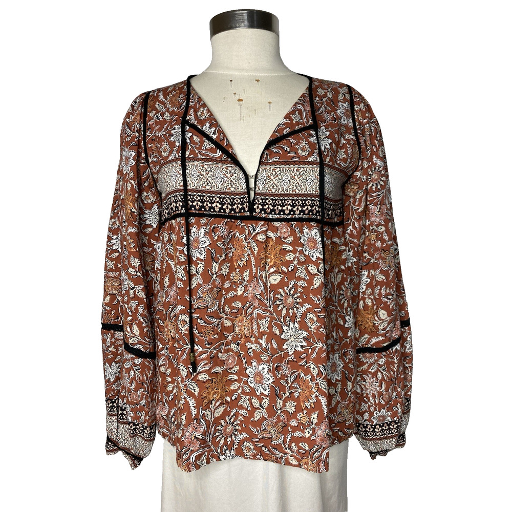 Paneros Sierra Blouse Paisley Women's XS Boho Rayon Relaxed Orange Top Floral
